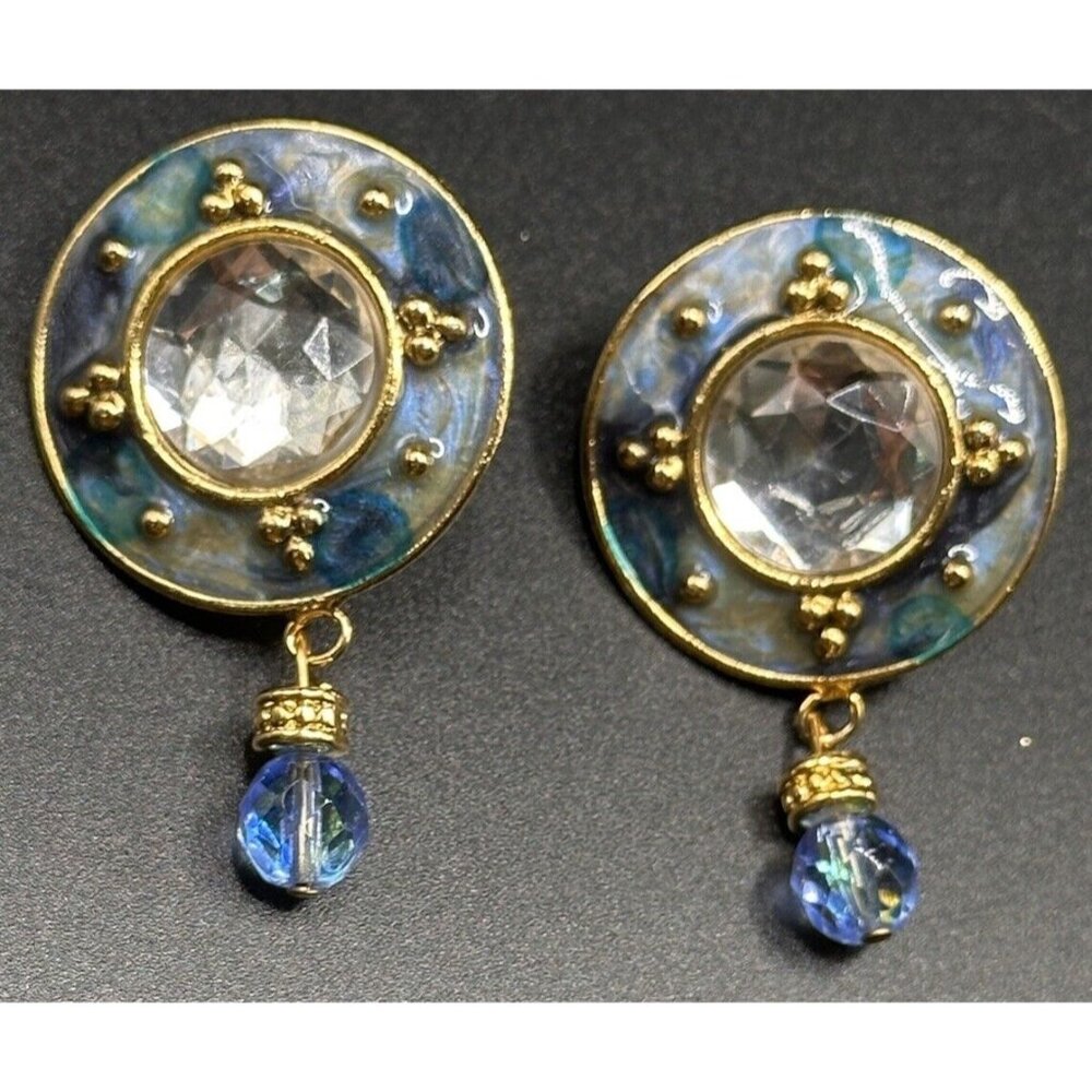 Blue Enamel Clear Stone Dangle Pierced Earrings Illegible Signature